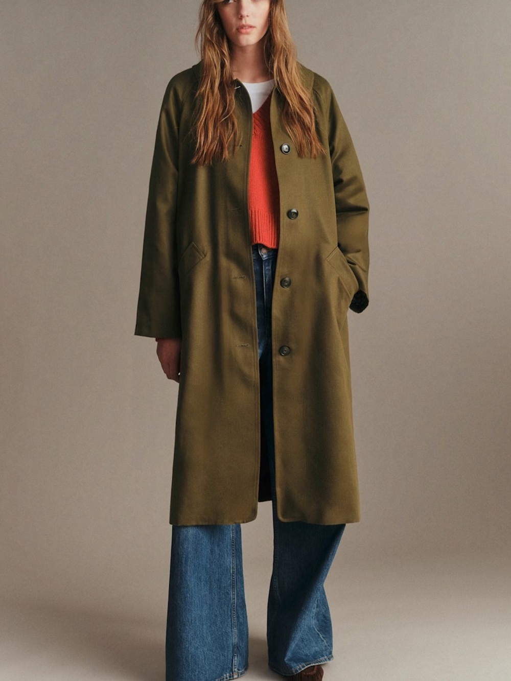 Sezane Clyde Trench Olive Green Long Button-Front Coat - Women
